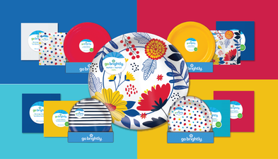 Everyday basics- an assortment of solids and patterned tableware in primary colors.  
